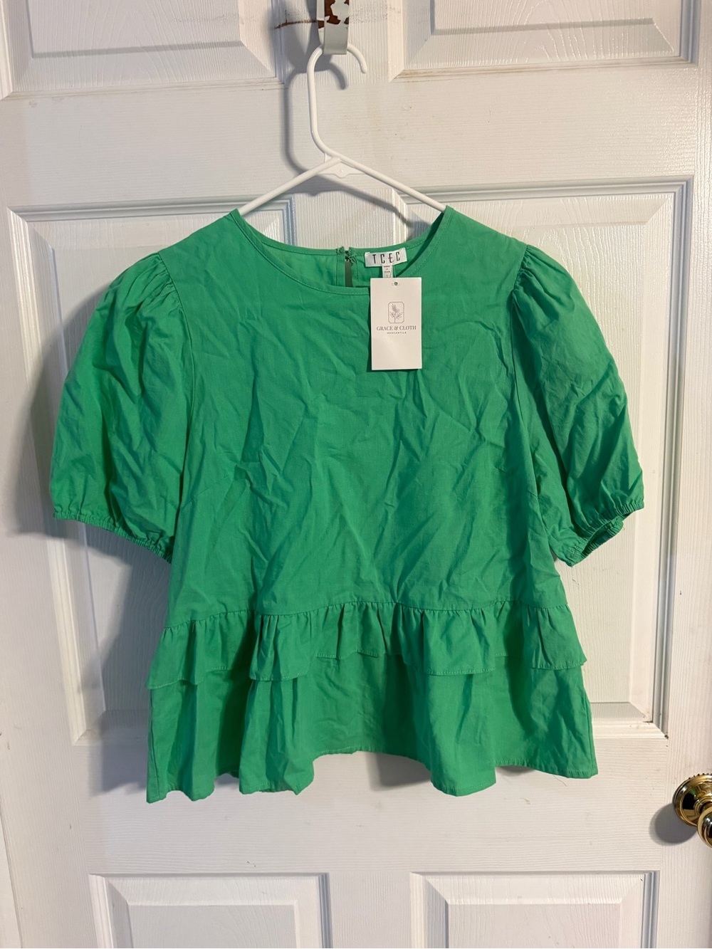 TCEC Bright Green Puff-Sleeve Ruffle Peplum Blouse